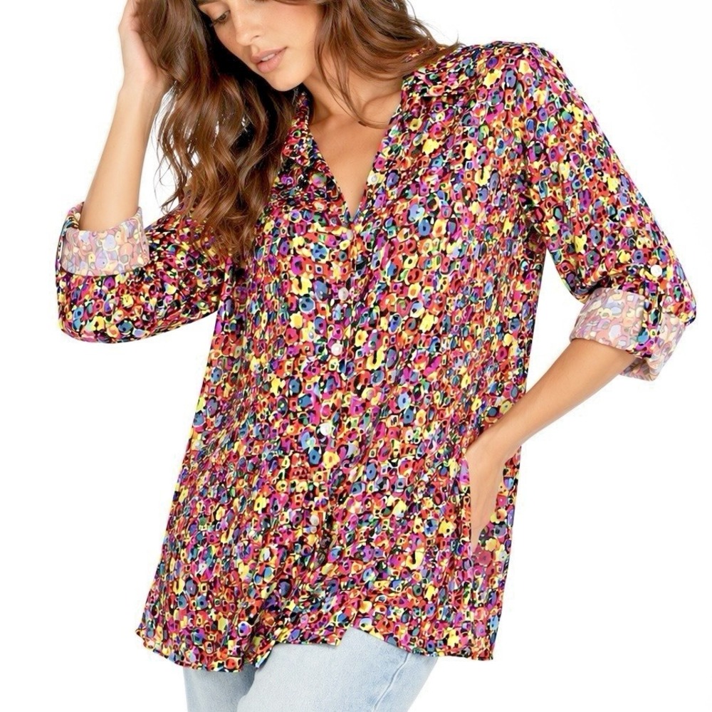 JOHN MARK Multicolor Tunic Top sz M Embroidered Geometric Print Roll Tab Sleeves